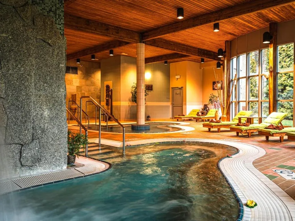 Strefa relaksu z jacuzzi i leżankami pod drewnianym stropem