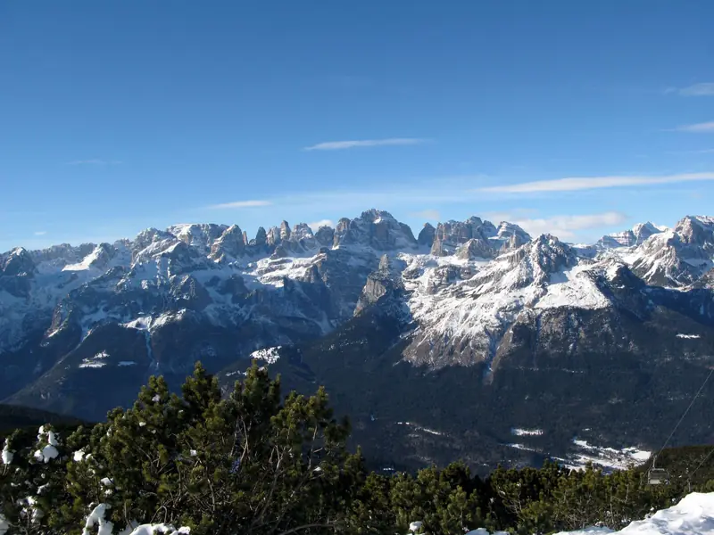 Ośnieżone turnie Dolomitów di Brenta widziane z Paganelli, przyprószone śniegiem kosodrzewiny na pierwszym planie, błękitne niebo