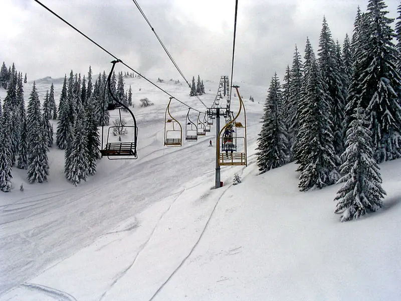 Chairlifts and a groomed piste among snow-laden firs on Jahorina