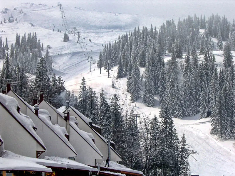 Snow-covered chalet roofs and the ski slope of Jahorina among the firs