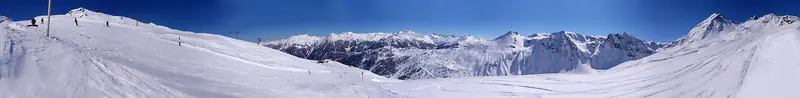 A panorama of the Silvretta Montafon slopes in winter, with skiers and snowy peaks